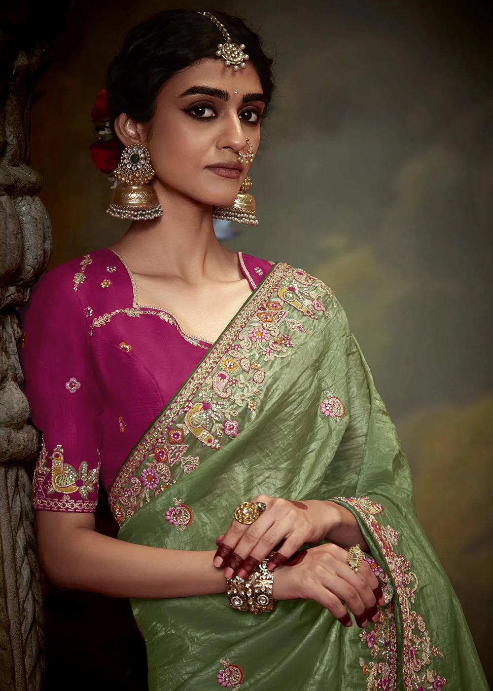 Sage Green Fancy Fabric Embroidered Festive Saree - Image 2