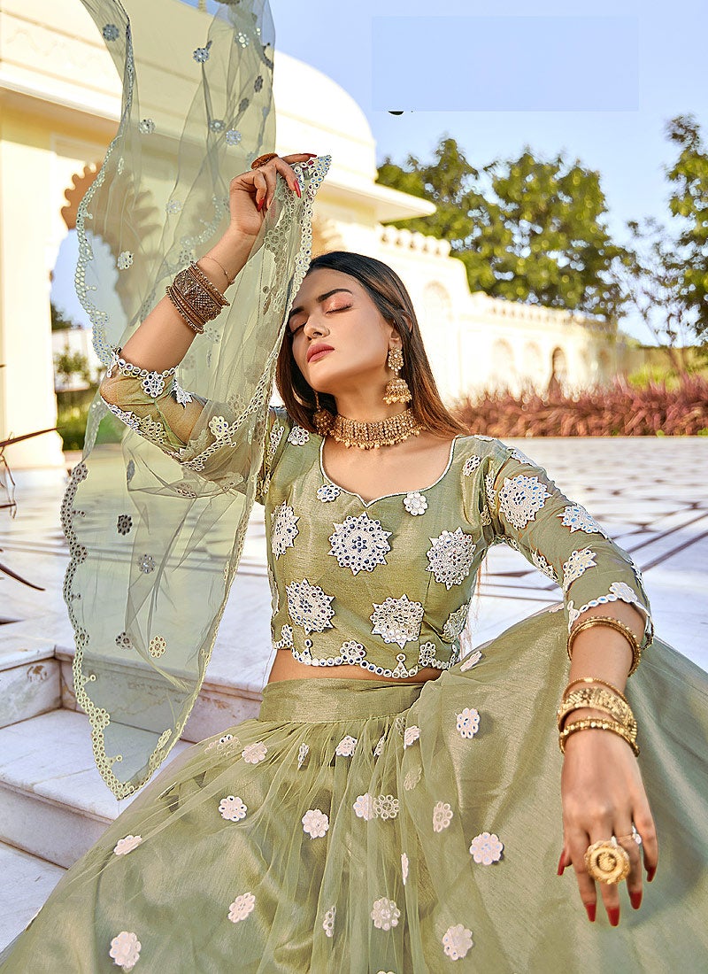 Sage Green Mirror Embellished Wedding Lehenga Choli - Image 2