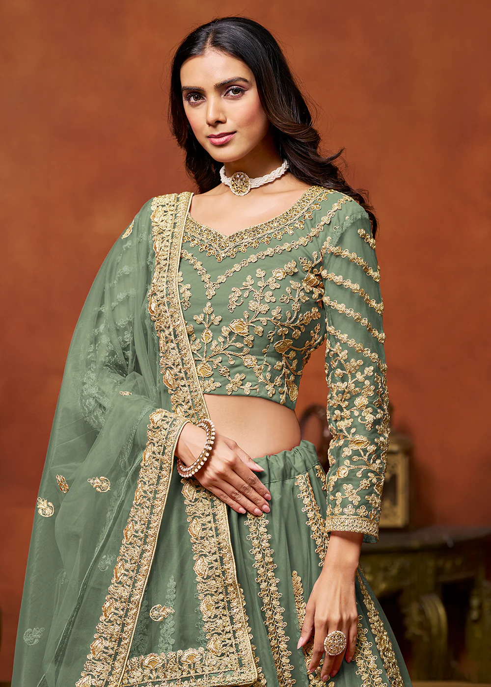 Sage Green Net Embroidered Festive Lehenga Choli - Image 2
