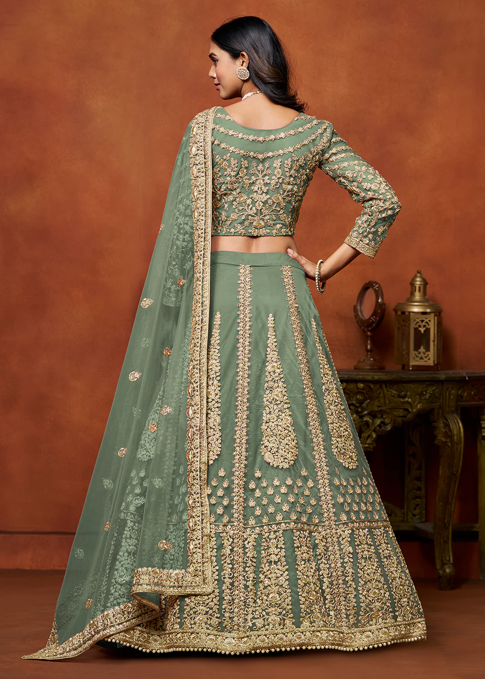 Sage Green Net Embroidered Festive Lehenga Choli - Image 3
