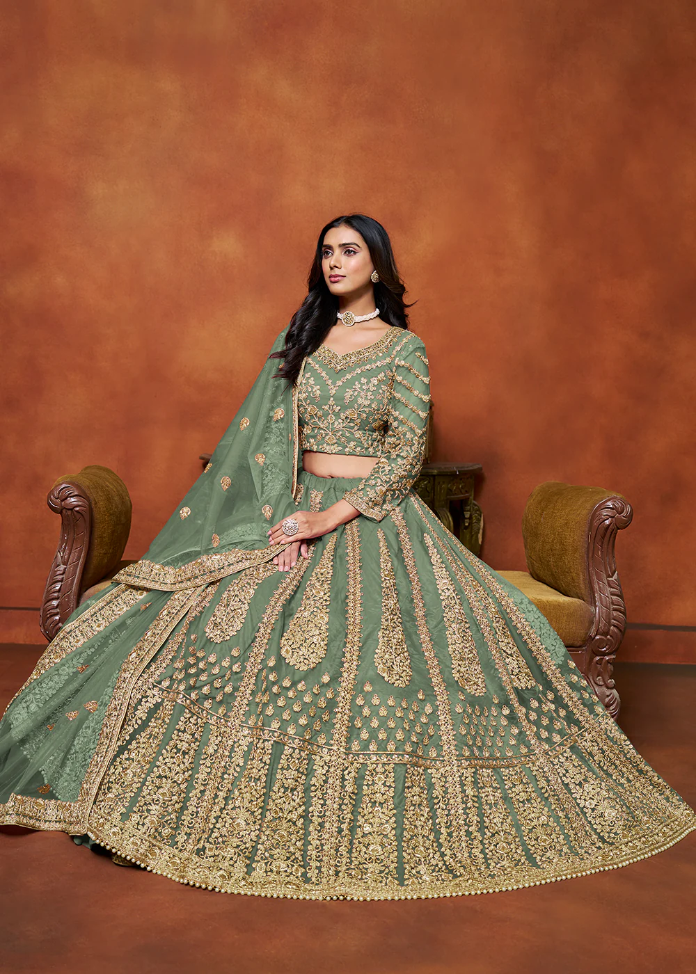 Sage Green Net Embroidered Festive Lehenga Choli - Image 4