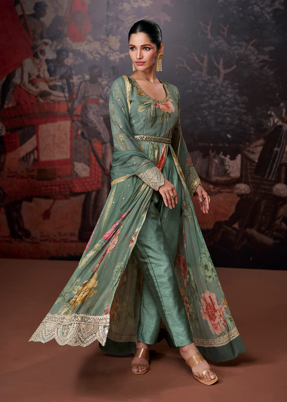 Sage Green Printed & Embroidered Wedding Anarkali Dress - Image 4