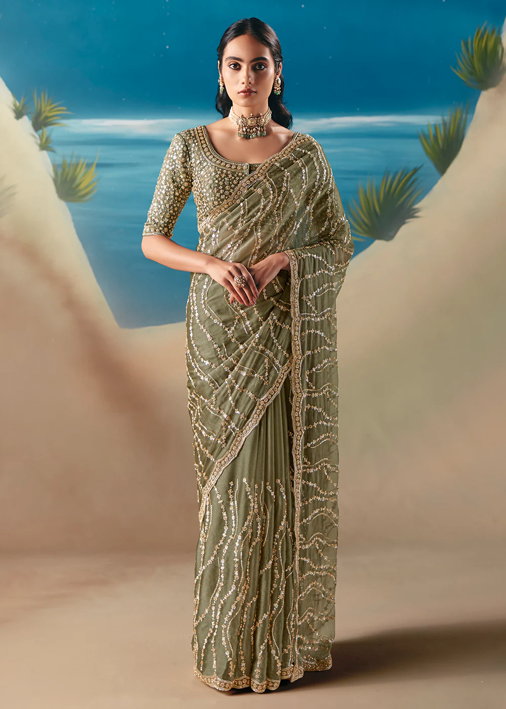 Sage Green Satin Organza Fancy Designer Saree