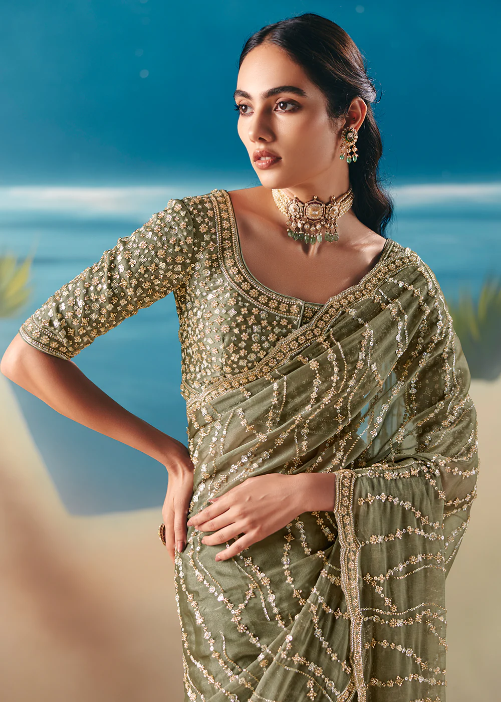 Sage Green Satin Organza Fancy Designer Saree - Image 2