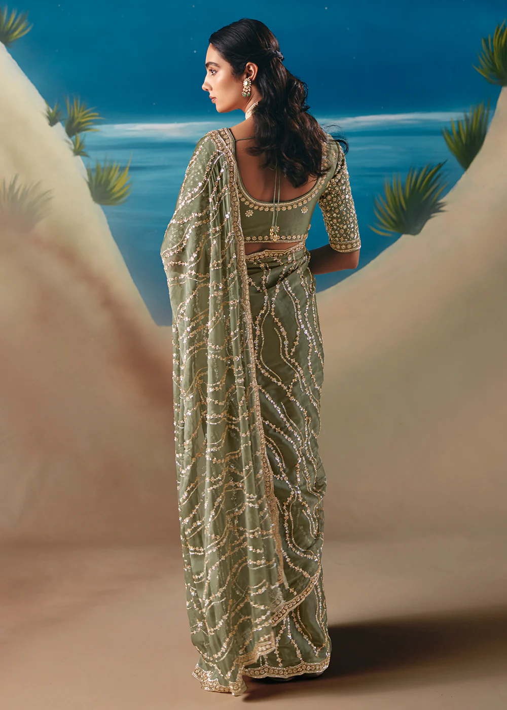Sage Green Satin Organza Fancy Designer Saree - Image 3