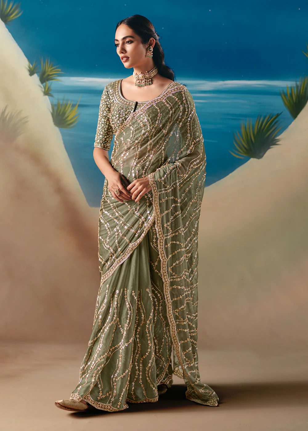 Sage Green Satin Organza Fancy Designer Saree - Image 4