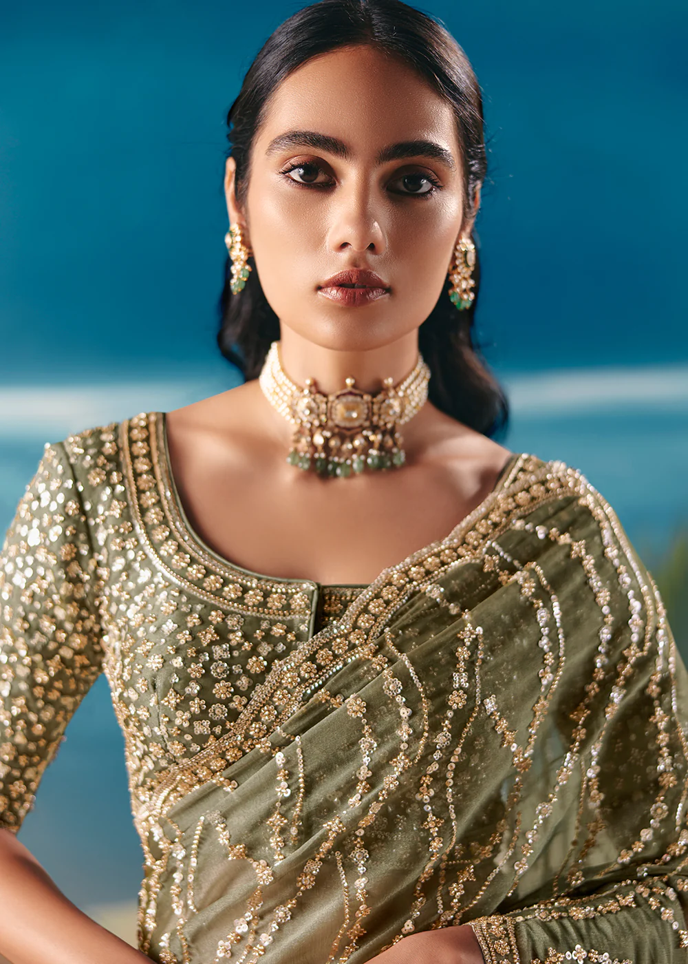 Sage Green Satin Organza Fancy Designer Saree - Image 5