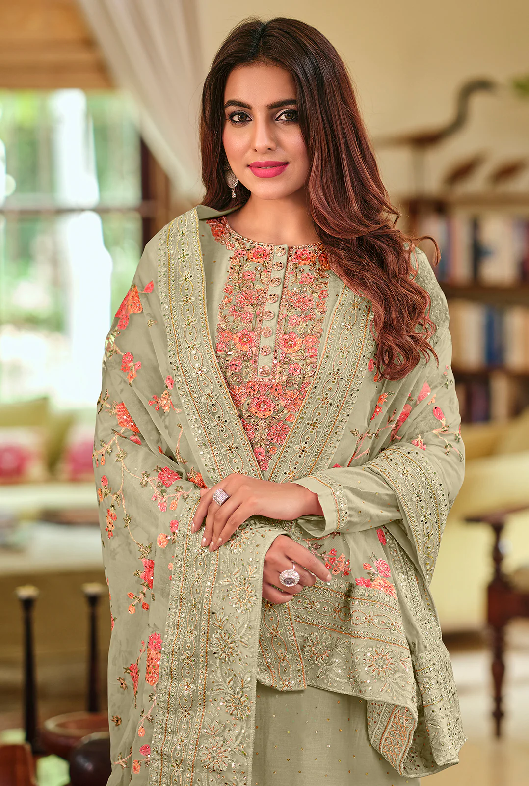 Sage Green Viscose Silk Designer Pakistani Salwar Suit - Image 2