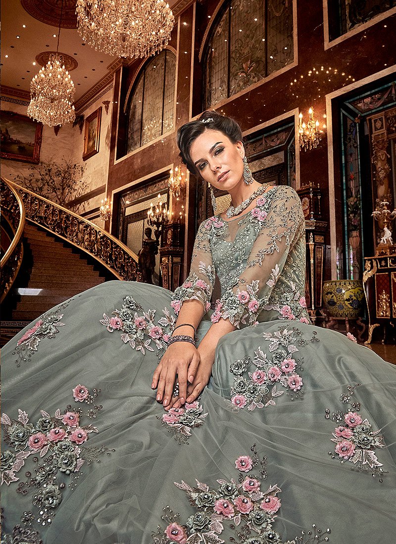 Sage Grey Floral Embroidered Designer Net Anarkali Suit - Image 2