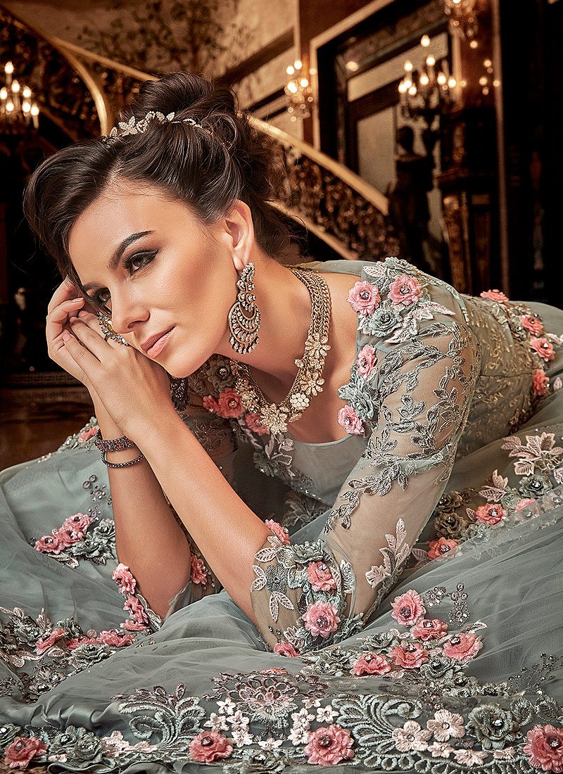 Sage Grey Floral Embroidered Designer Net Anarkali Suit - Image 3