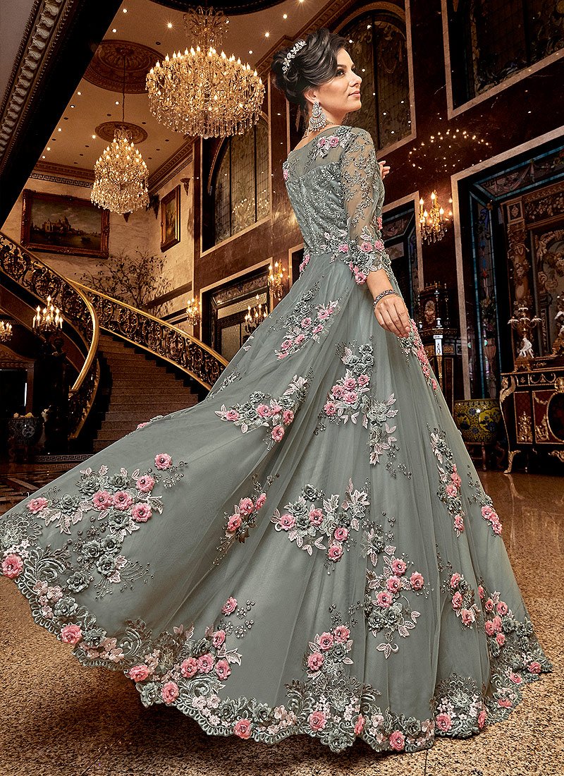 Sage Grey Floral Embroidered Designer Net Anarkali Suit - Image 4
