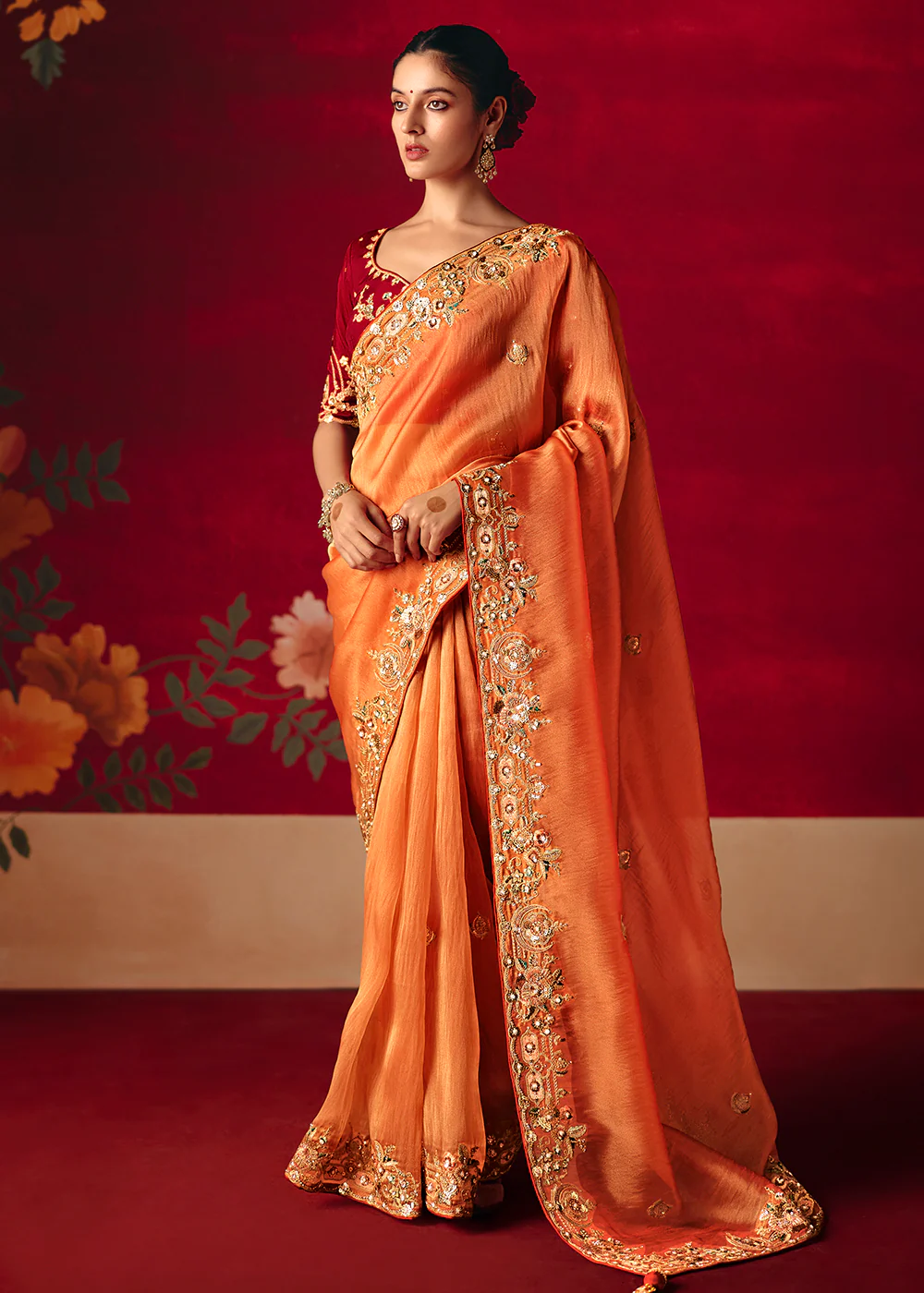 Salmon Orange Fancy Material Wedding Designer Saree