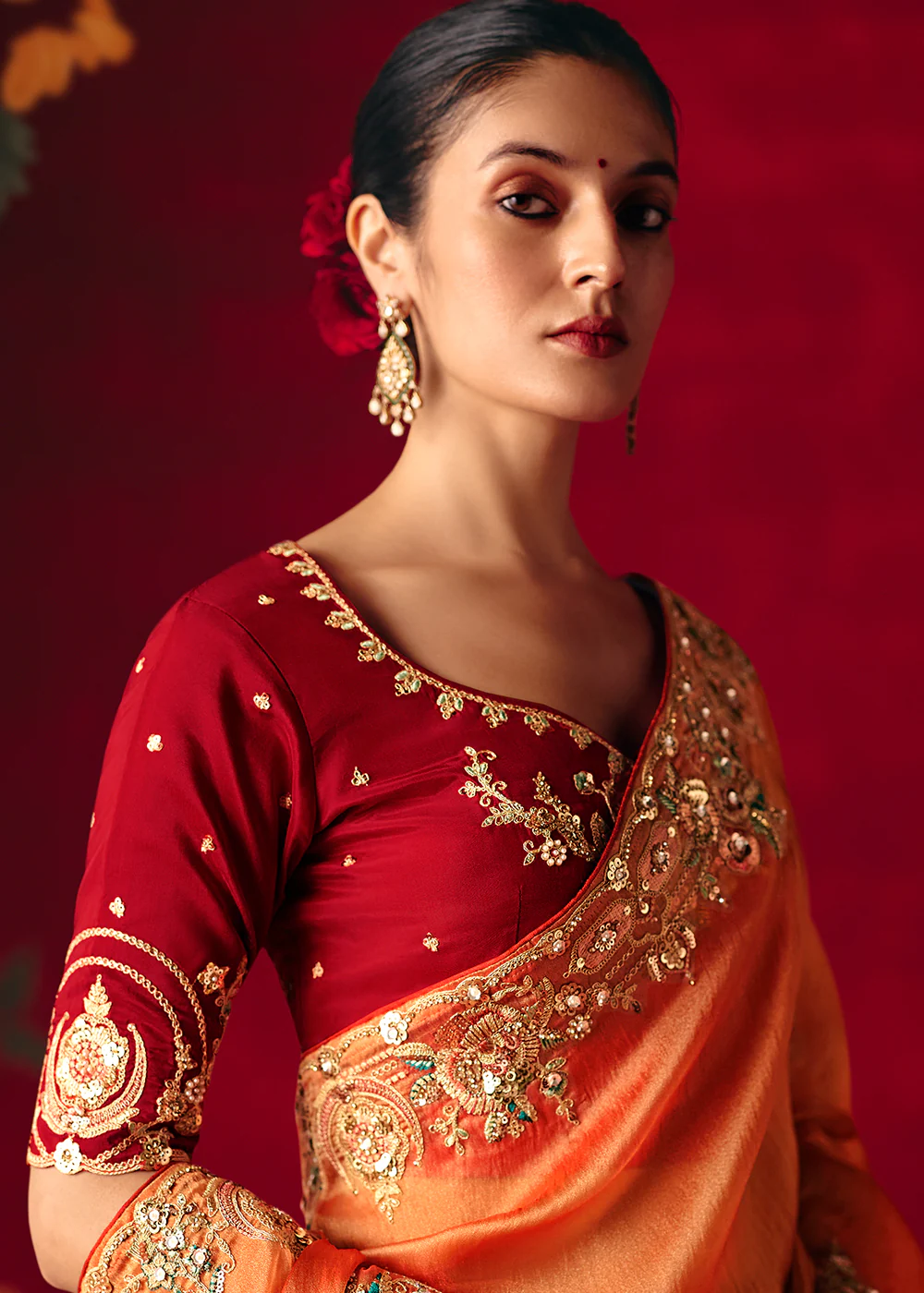 Salmon Orange Fancy Material Wedding Designer Saree - Image 4