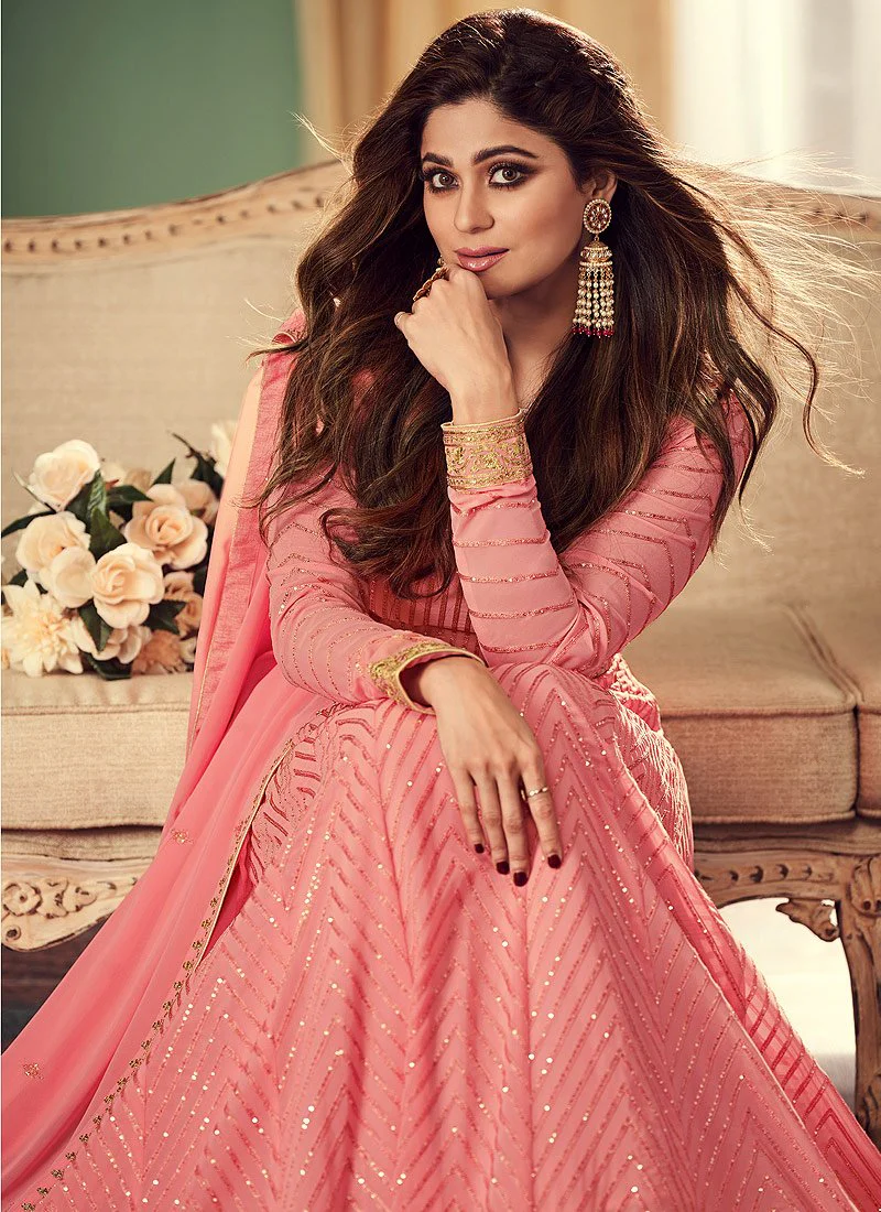 Salmon Peach Belt Style Anarkali Featuring Shamita Shetty - Image 3