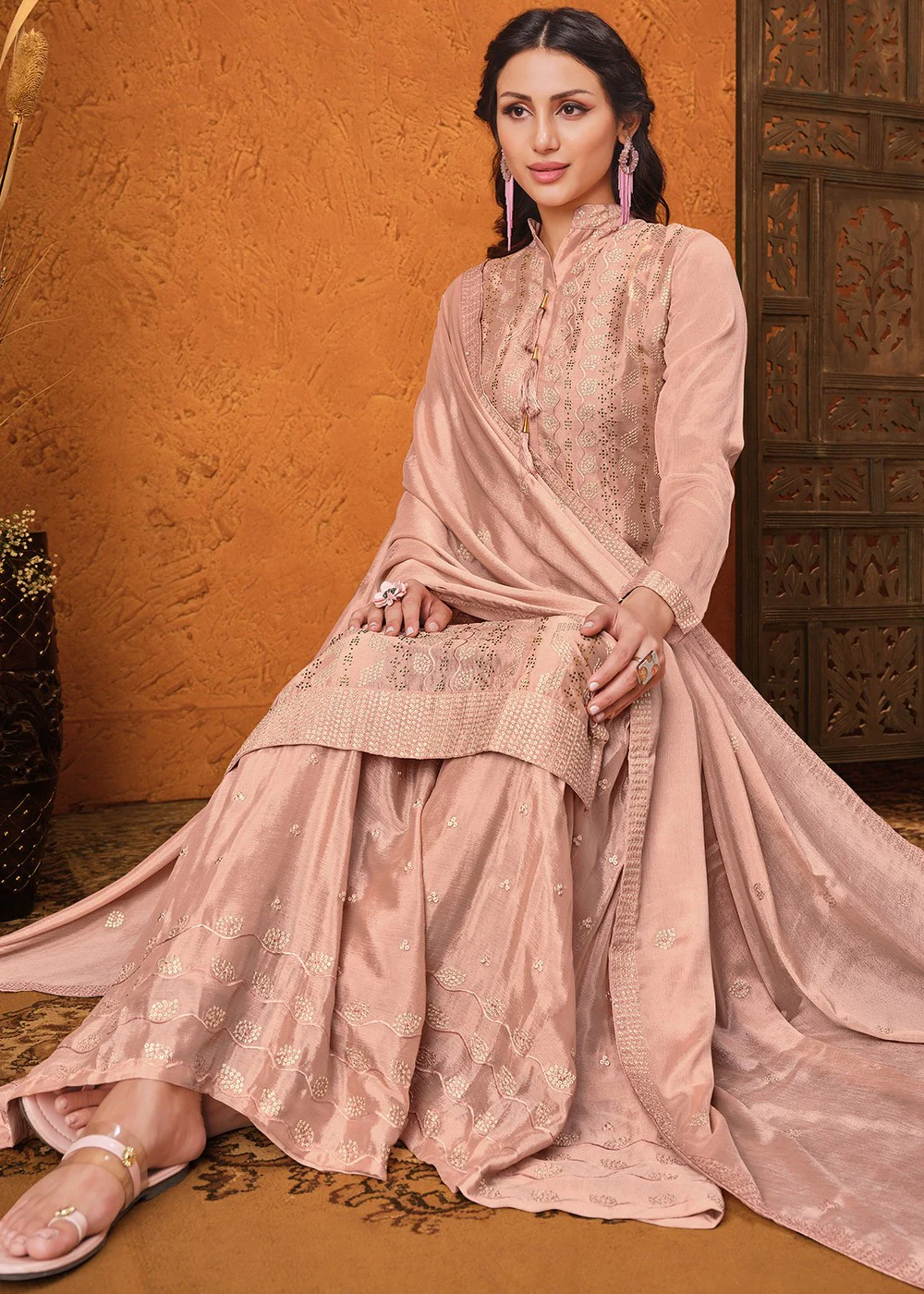 Salmon Peach Chiffon Embroidered Sharara Suit - Image 3