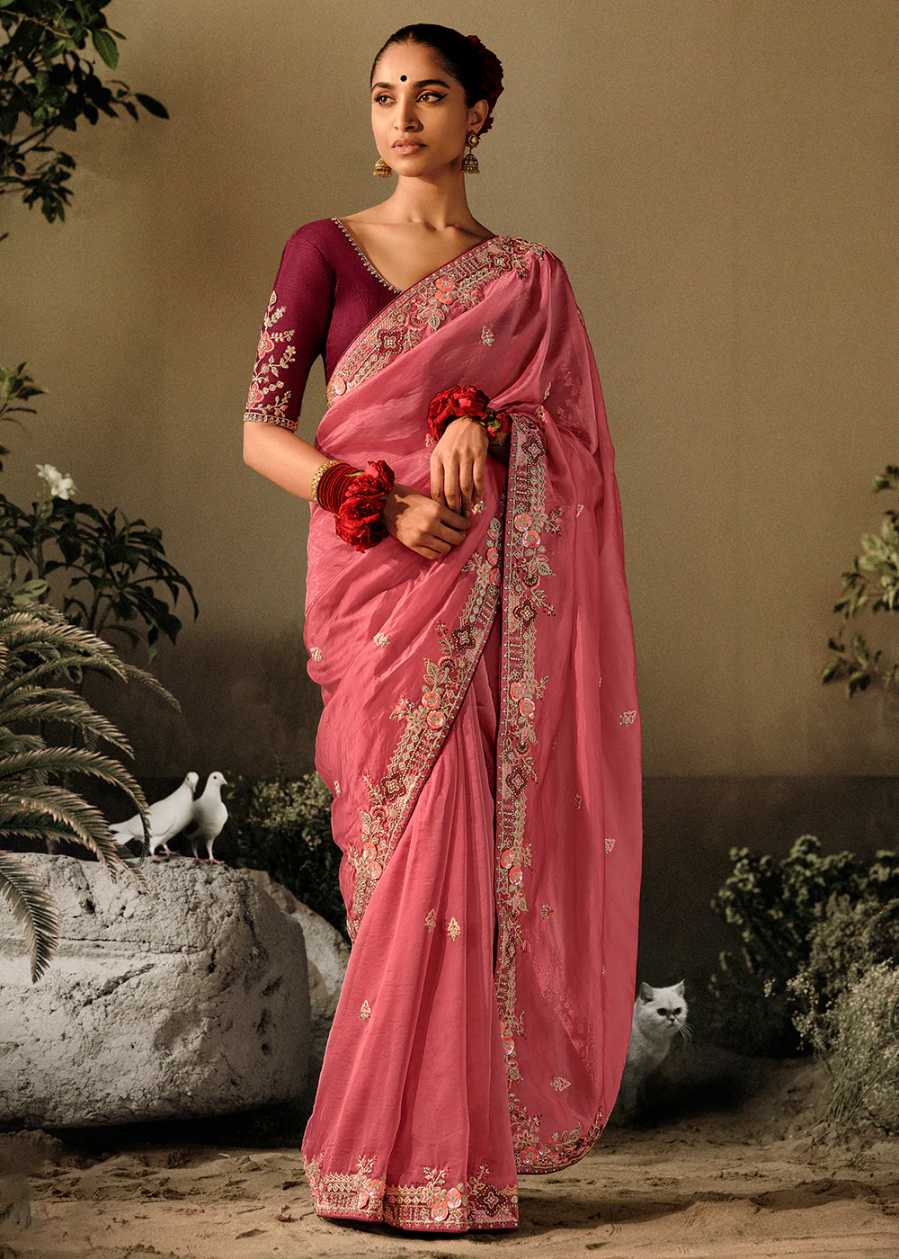 Salmon Pink Khatli Work Embroidered Designer Wedding Saree
