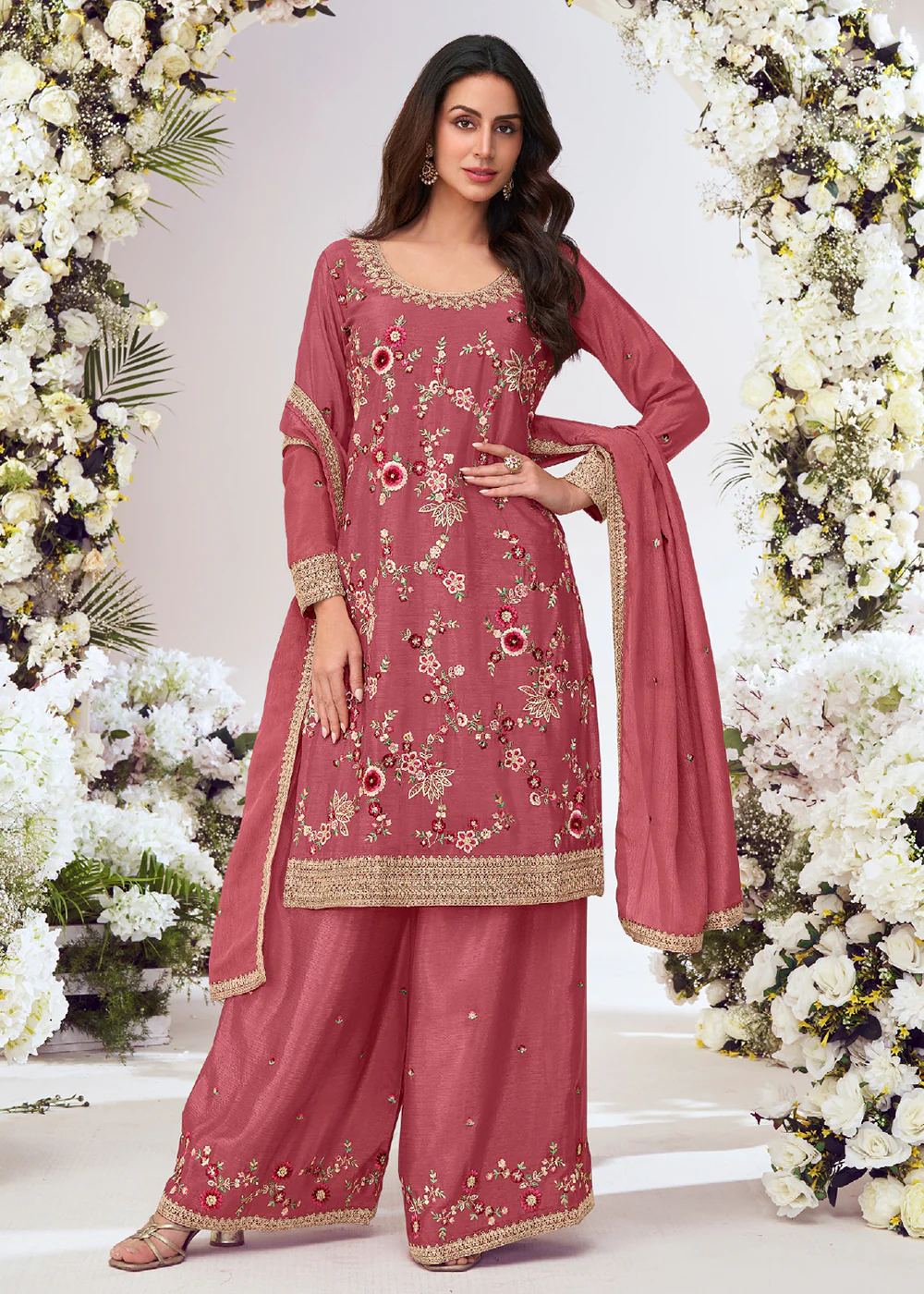Salmon Pink Multi Threads Work Festive Palazzo Suit