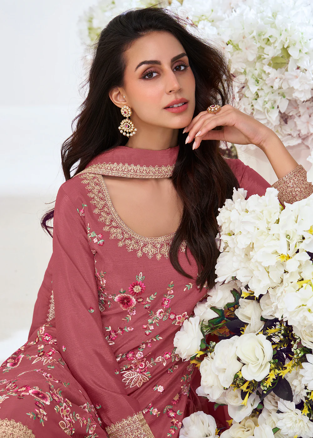 Salmon Pink Multi Threads Work Festive Palazzo Suit - Image 2