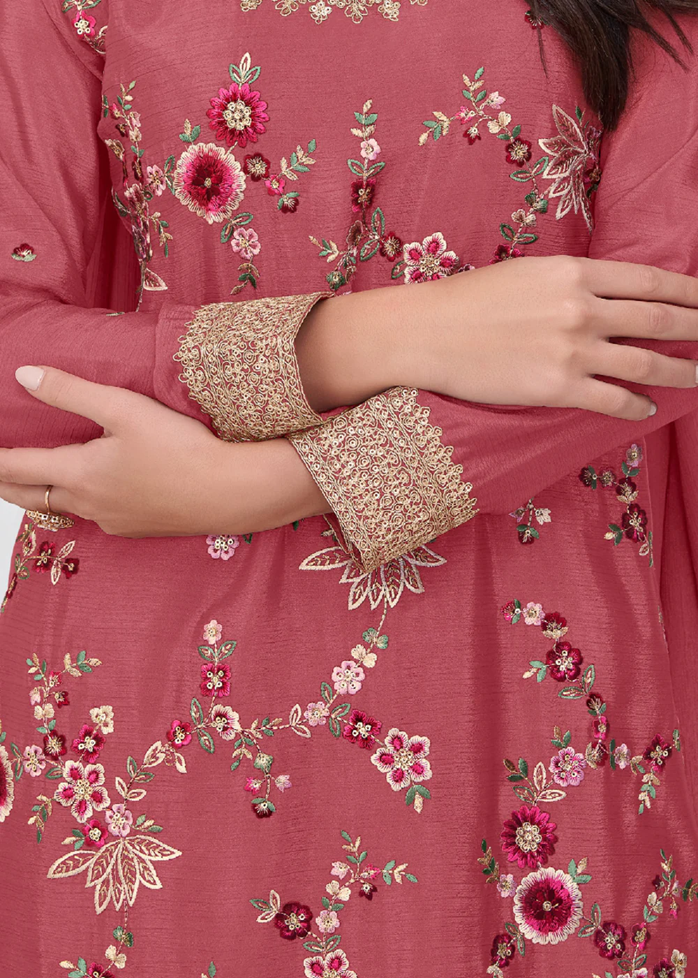Salmon Pink Multi Threads Work Festive Palazzo Suit - Image 4
