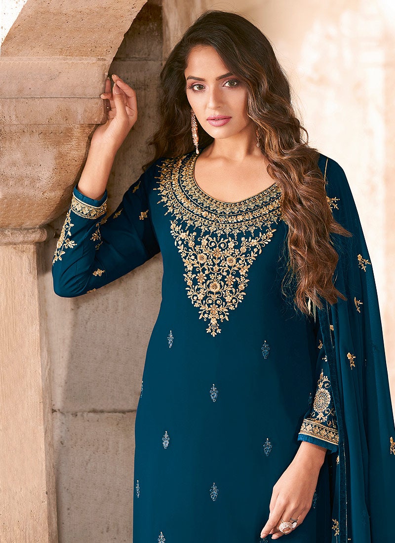 Salwar Kameez in Blue with Resham & Thread Embroidery - Image 2