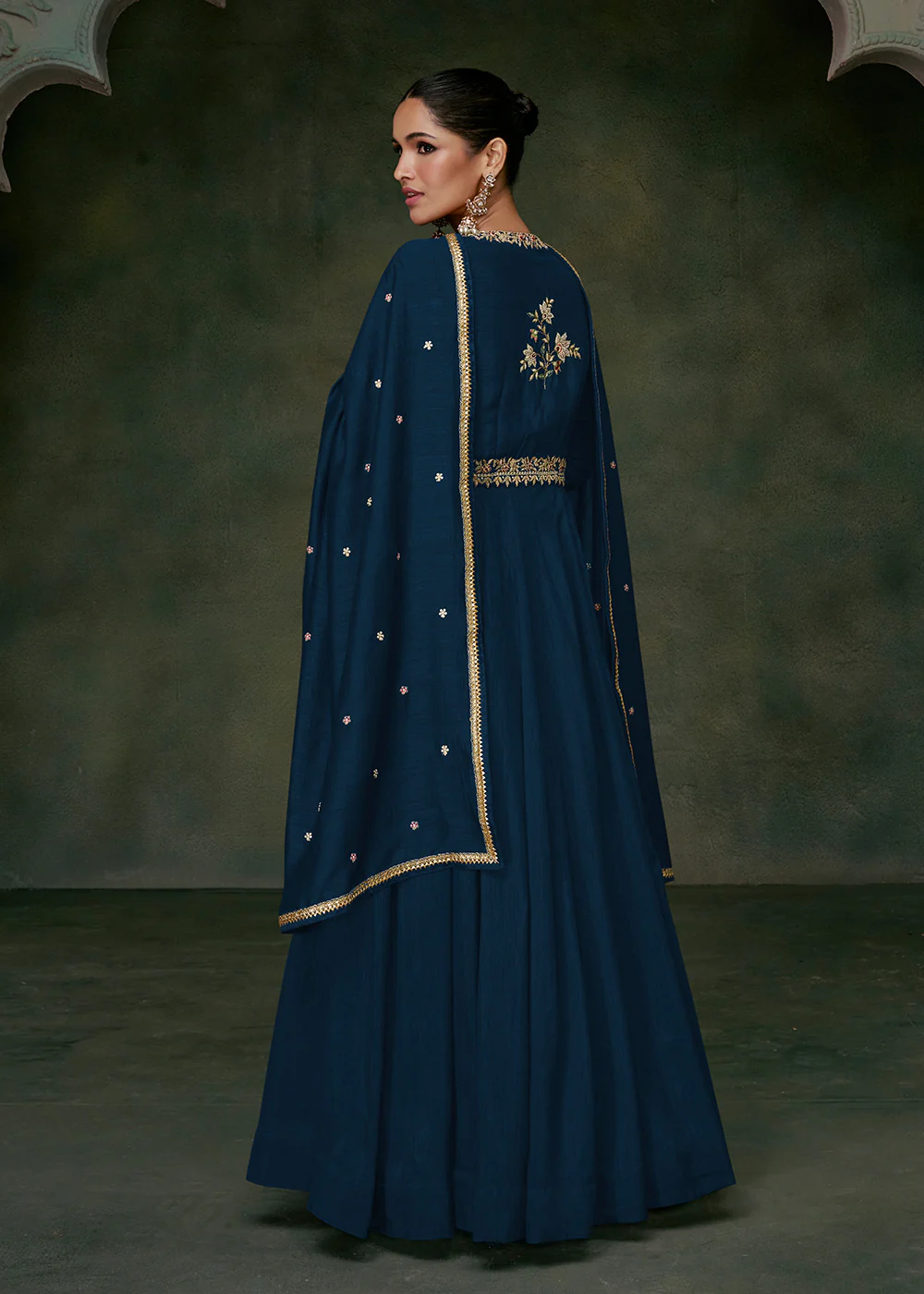 Sangeet Wear Blue Premium Silk Indian Anarkali Gown - Image 3