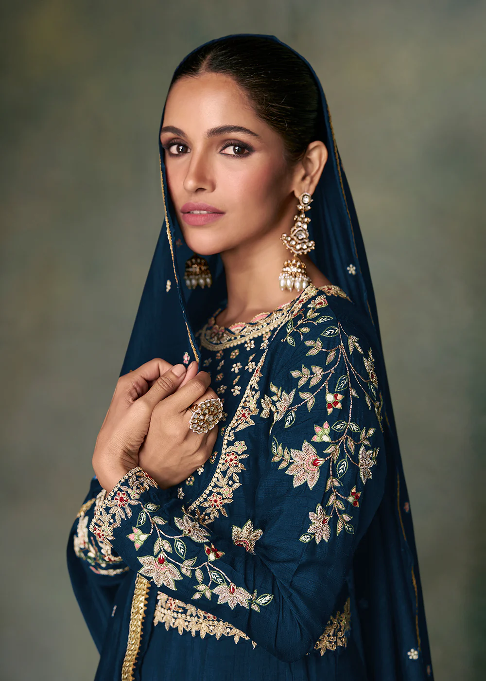 Sangeet Wear Blue Premium Silk Indian Anarkali Gown - Image 4