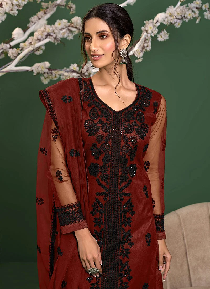 Sangria Red Straight Cut Pakistani Style Pant Suit - Image 2