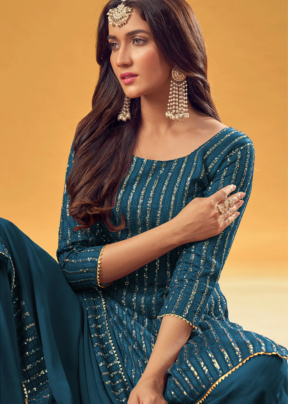 Sapphire Blue Embroidered Indian Designer Gharara Suit - Image 2