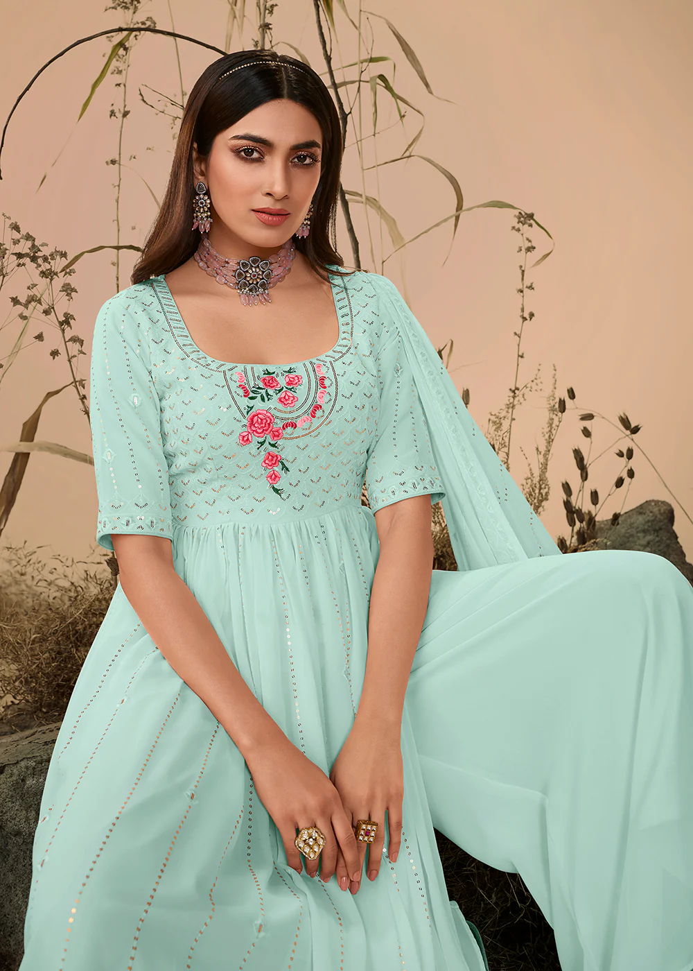 Sassy Festive Sky Blue Georgette Palazzo Salwar Suit - Image 2