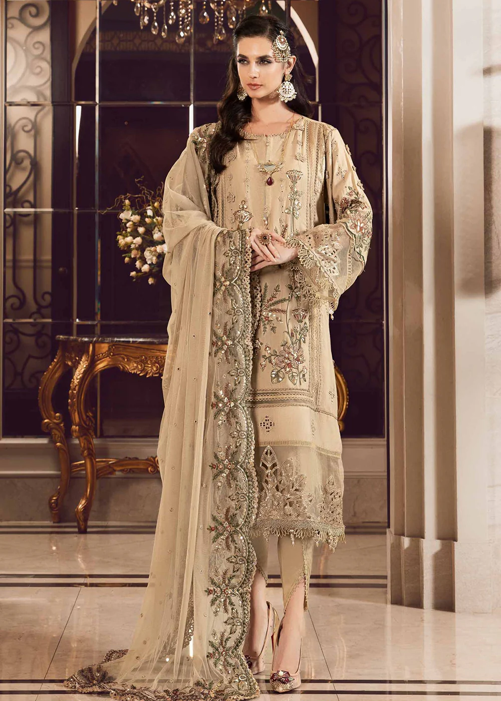 Sateen Unstitched Formals 2023 by Maria B | Beige CST-712 - Image 11