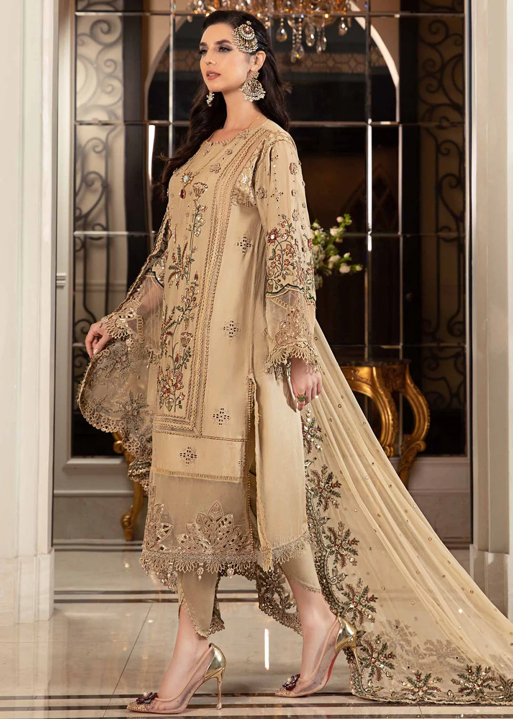 Sateen Unstitched Formals 2023 by Maria B | Beige CST-712 - Image 12