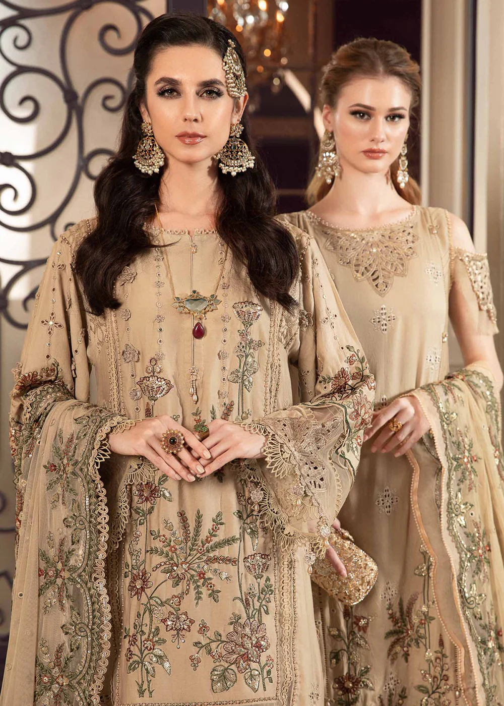 Sateen Unstitched Formals 2023 by Maria B | Beige CST-712 - Image 2