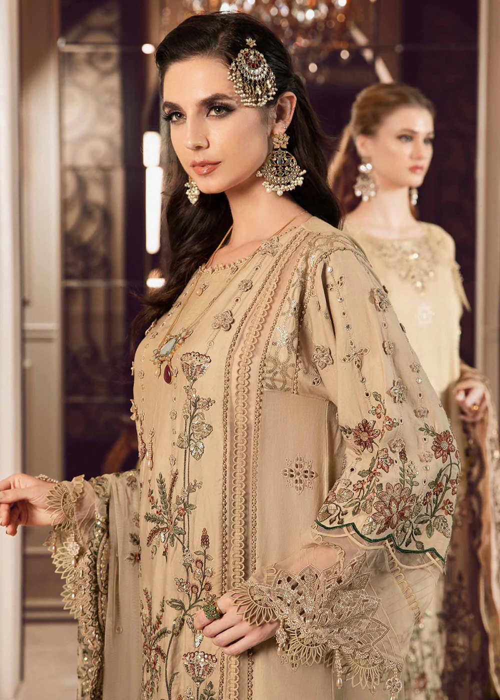 Sateen Unstitched Formals 2023 by Maria B | Beige CST-712 - Image 5