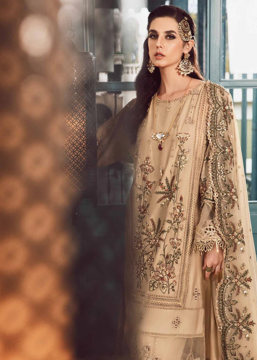 Sateen Unstitched Formals 2023 by Maria B | Beige CST-712 - Image 6
