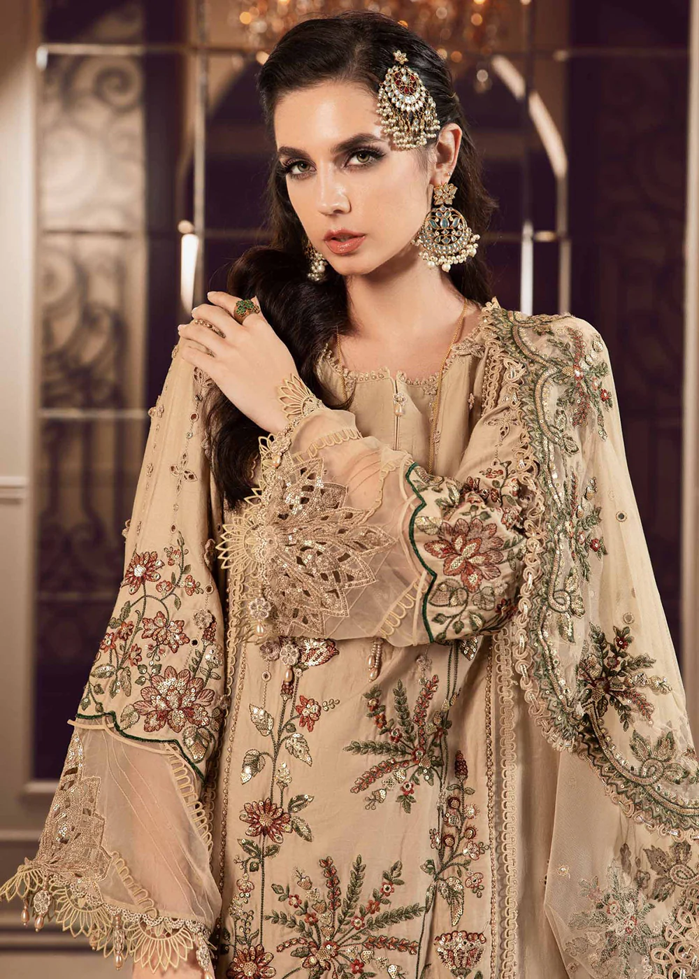 Sateen Unstitched Formals 2023 by Maria B | Beige CST-712 - Image 7