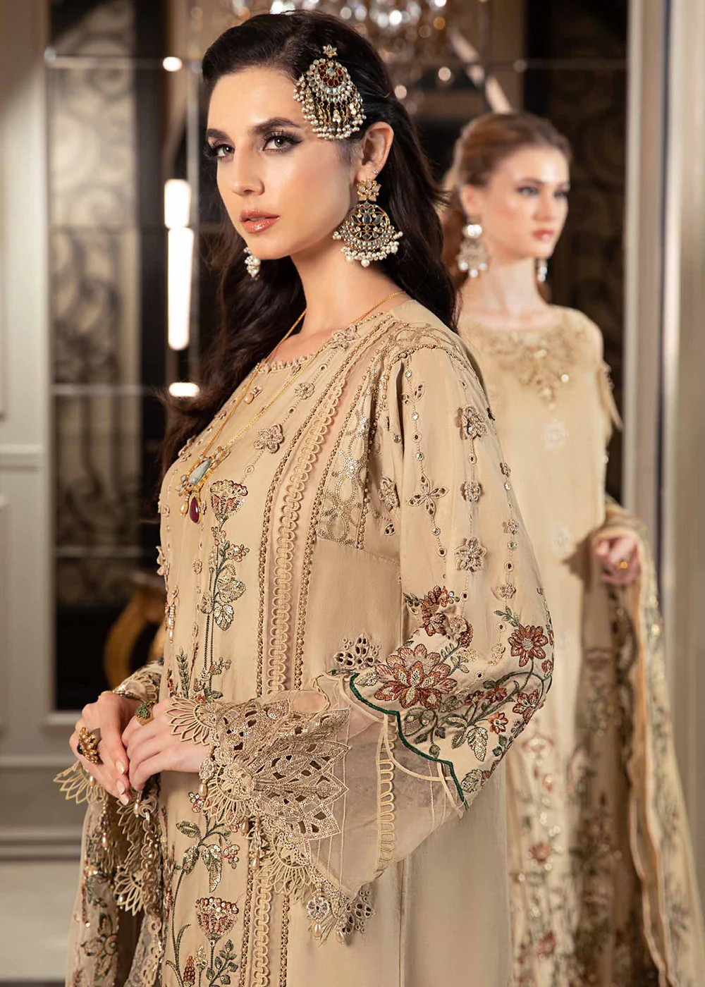 Sateen Unstitched Formals 2023 by Maria B | Beige CST-712 - Image 8