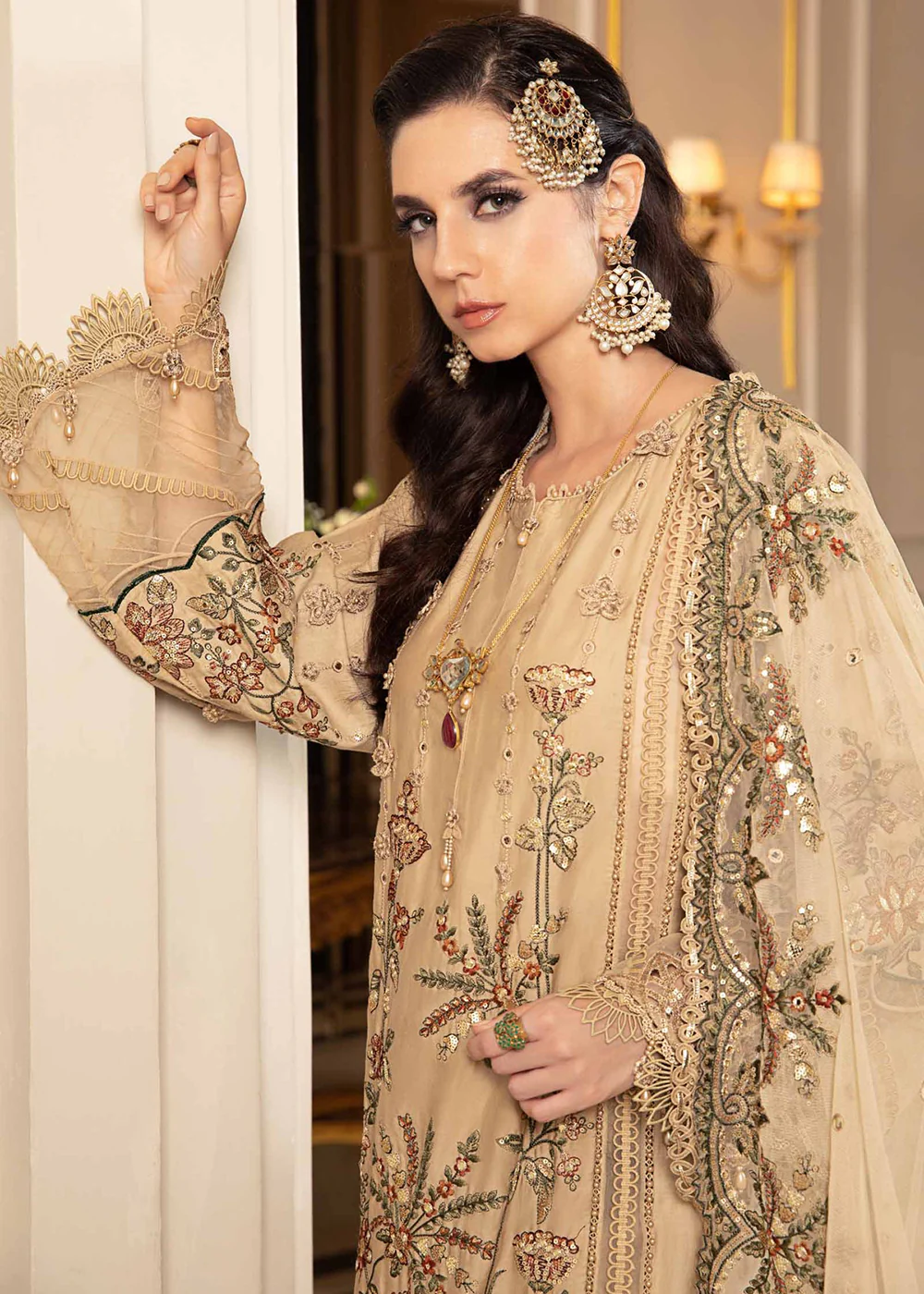 Sateen Unstitched Formals 2023 by Maria B | Beige CST-712 - Image 9