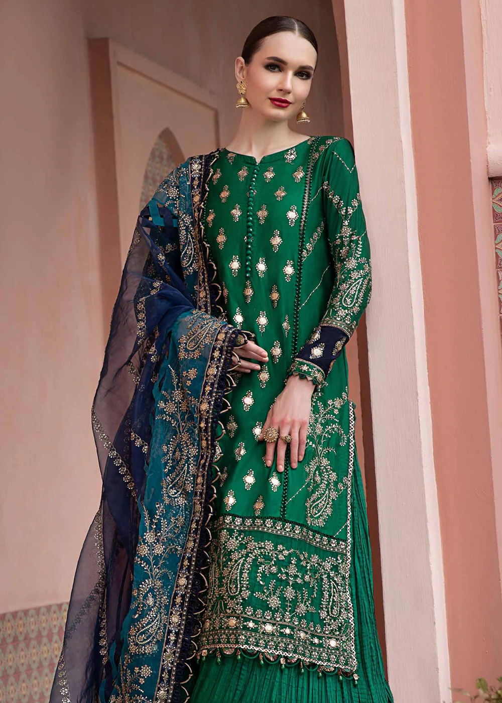 Sateen Unstitched Formals 2023 by Maria B | Emerald Green CST-711 - Image 3