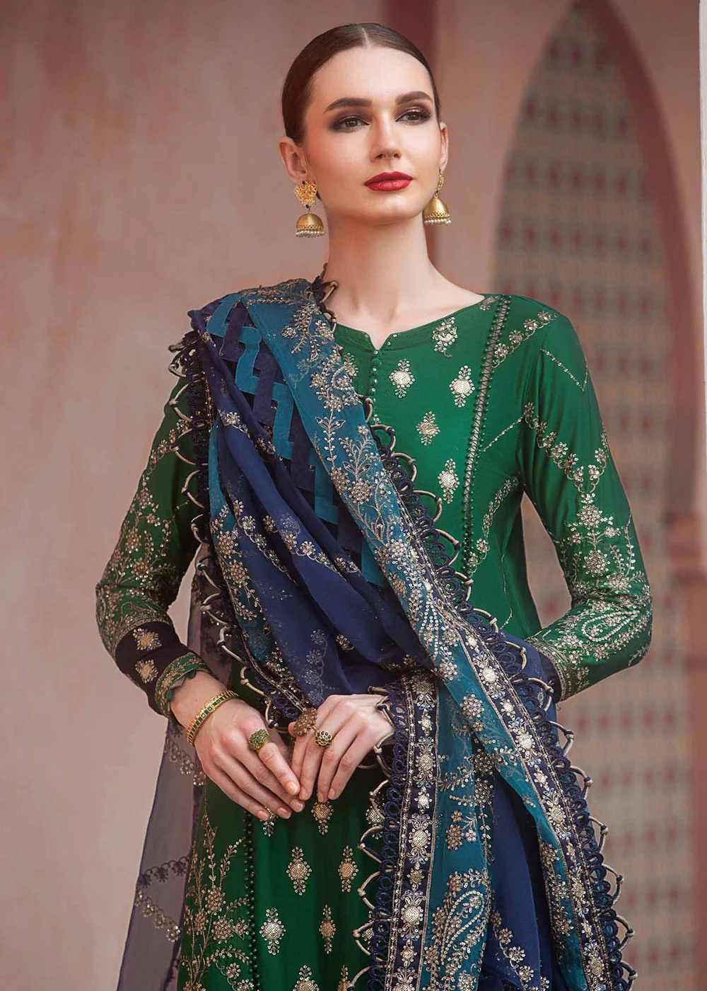 Sateen Unstitched Formals 2023 by Maria B | Emerald Green CST-711 - Image 5
