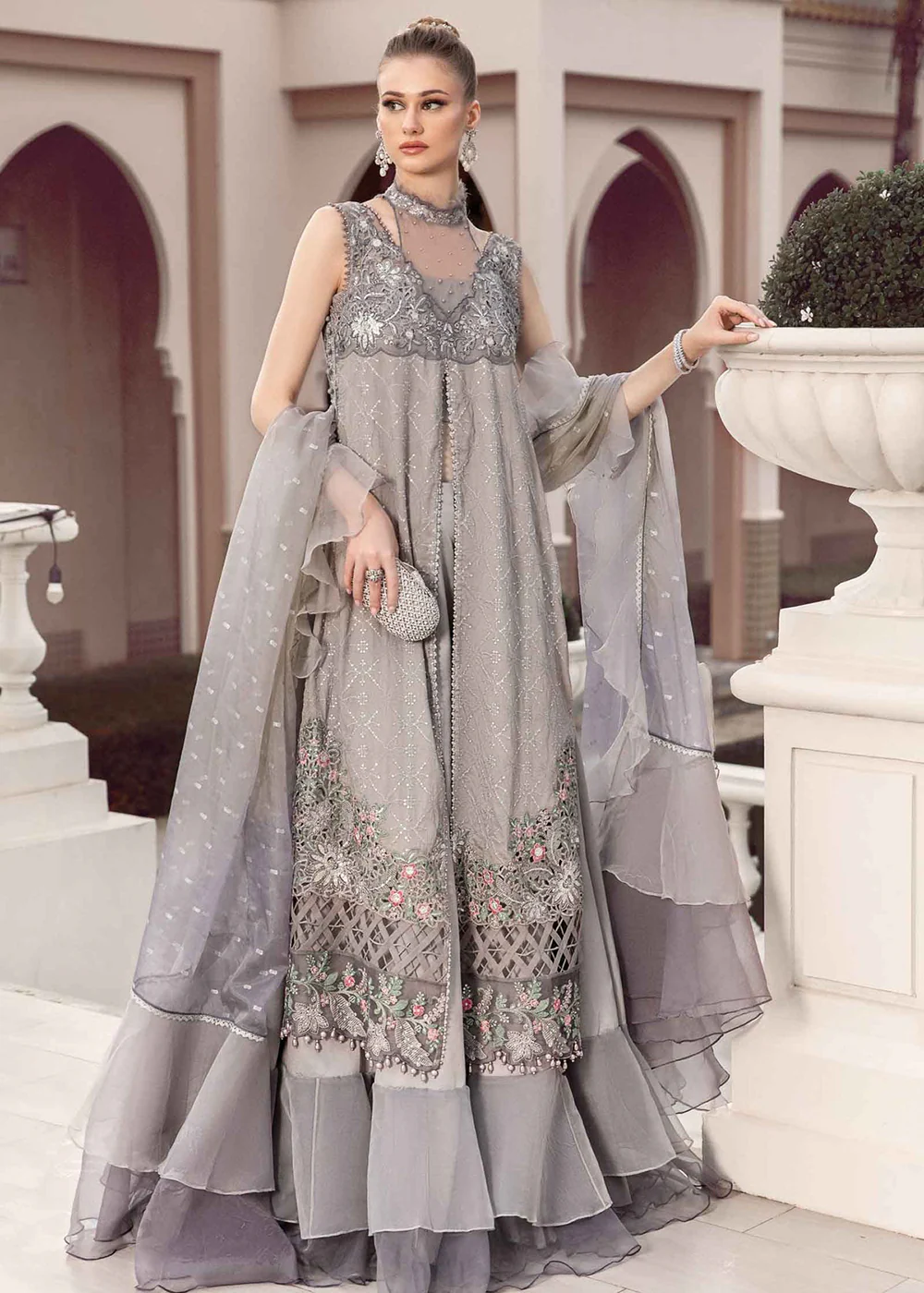 Sateen Unstitched Formals 2023 by Maria B | Grey CST-707 - Image 3