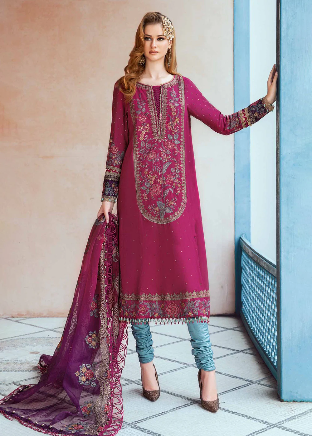Sateen Unstitched Formals 2023 by Maria B | Magenta CST-704 - Image 3