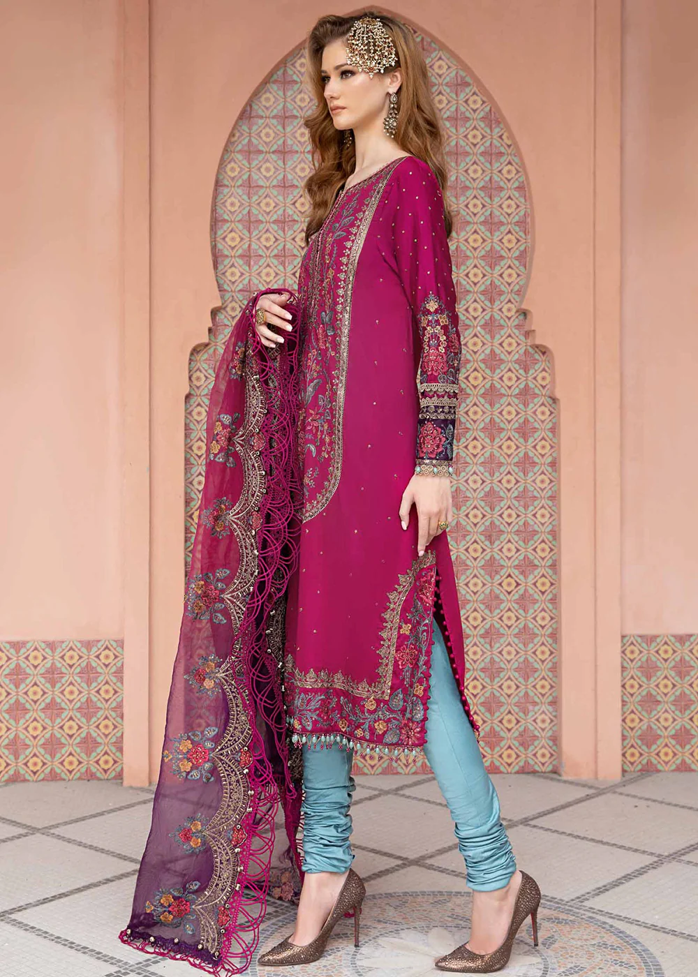 Sateen Unstitched Formals 2023 by Maria B | Magenta CST-704 - Image 5