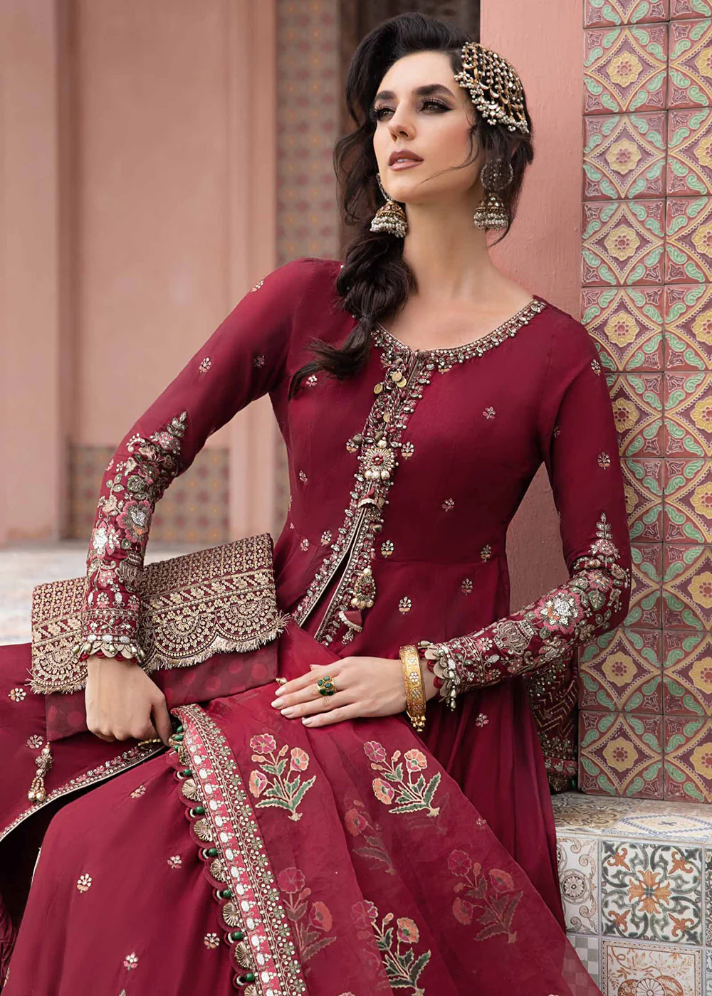 Sateen Unstitched Formals 2023 by Maria B | Maroon CST-708 - Image 3