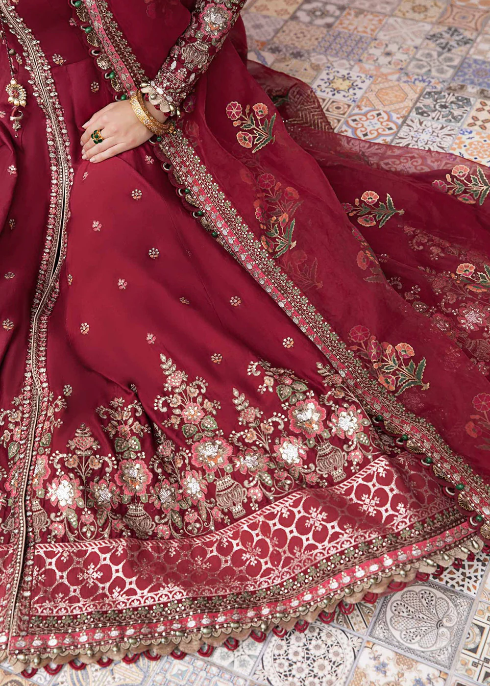 Sateen Unstitched Formals 2023 by Maria B | Maroon CST-708 - Image 5