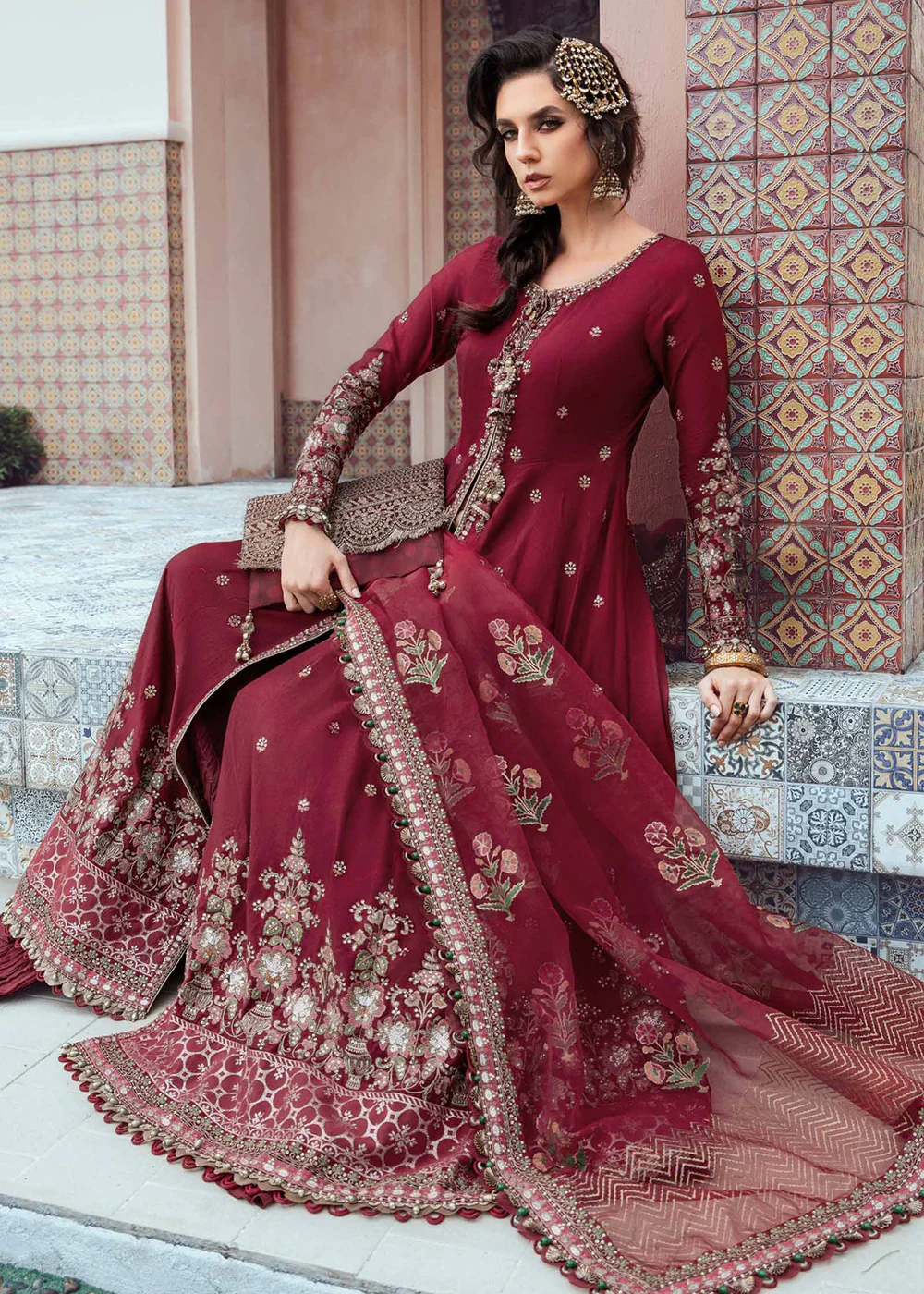 Sateen Unstitched Formals 2023 by Maria B | Maroon CST-708 - Image 7