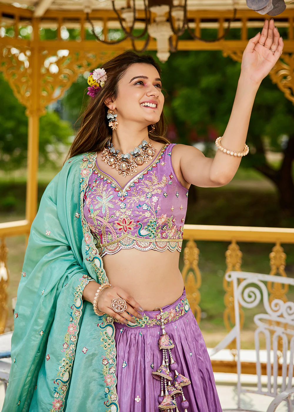 Satin Embroidered Lavender Wedding Festive Lehenga Choli - Image 5