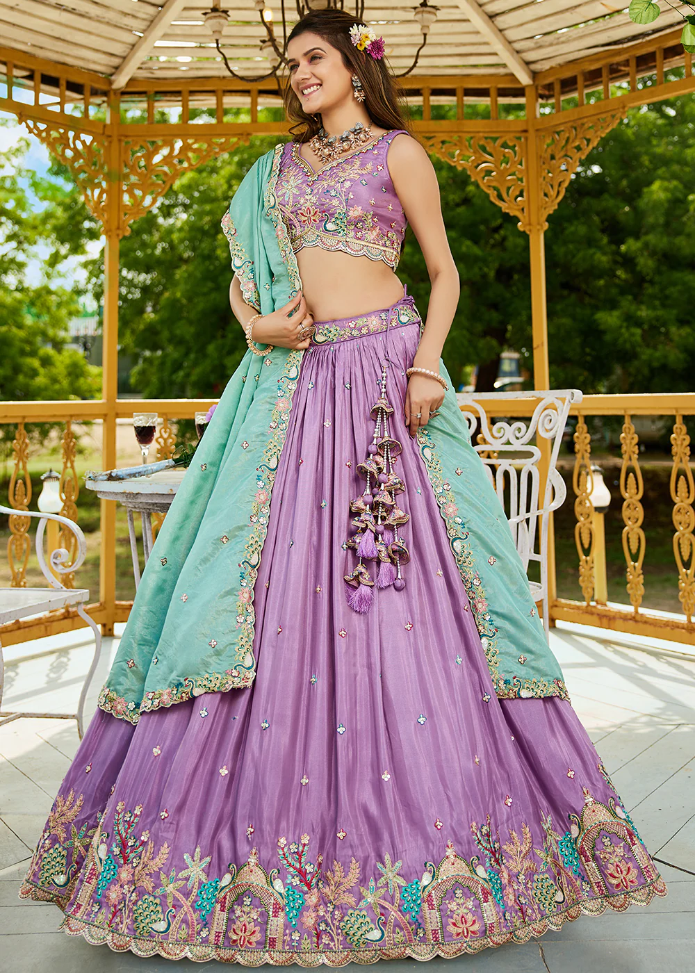 Satin Embroidered Lavender Wedding Festive Lehenga Choli - Image 6