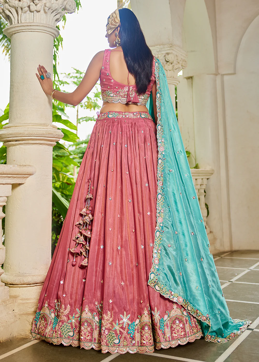 Satin Embroidered Pink Wedding Festive Lehenga Choli - Image 3