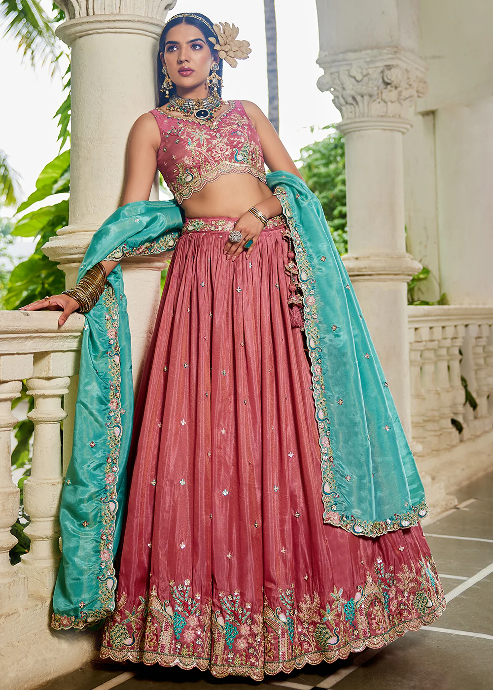Satin Embroidered Pink Wedding Festive Lehenga Choli - Image 4