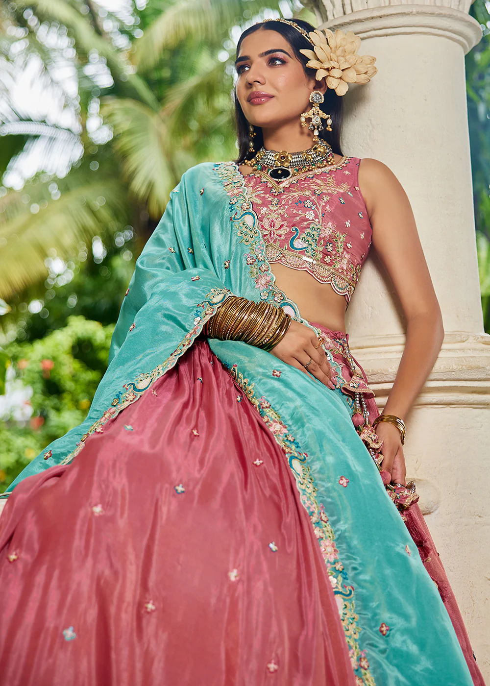 Satin Embroidered Pink Wedding Festive Lehenga Choli - Image 5